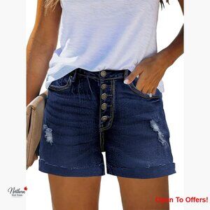 Distressed Denim Shorts High Rise Button Fly Summer Casual